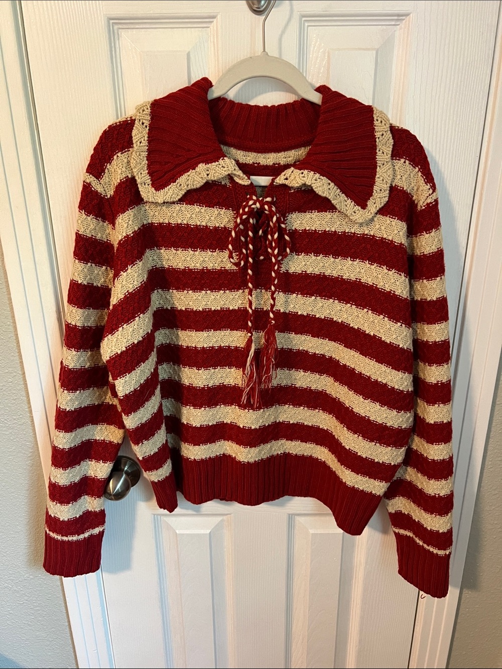 Striped Red and Cream Knit Sweater with Tie Collar